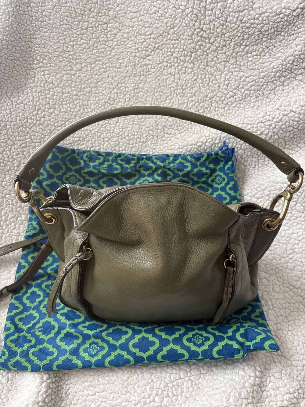 orYANY Olive Pebbled Leather Hobo Shoulder Bag with Tassel Zips